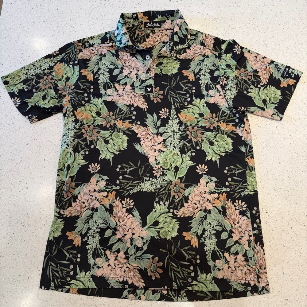 Bad Birdie Black and Green Floral Golf Polo Collared Performance Shirt